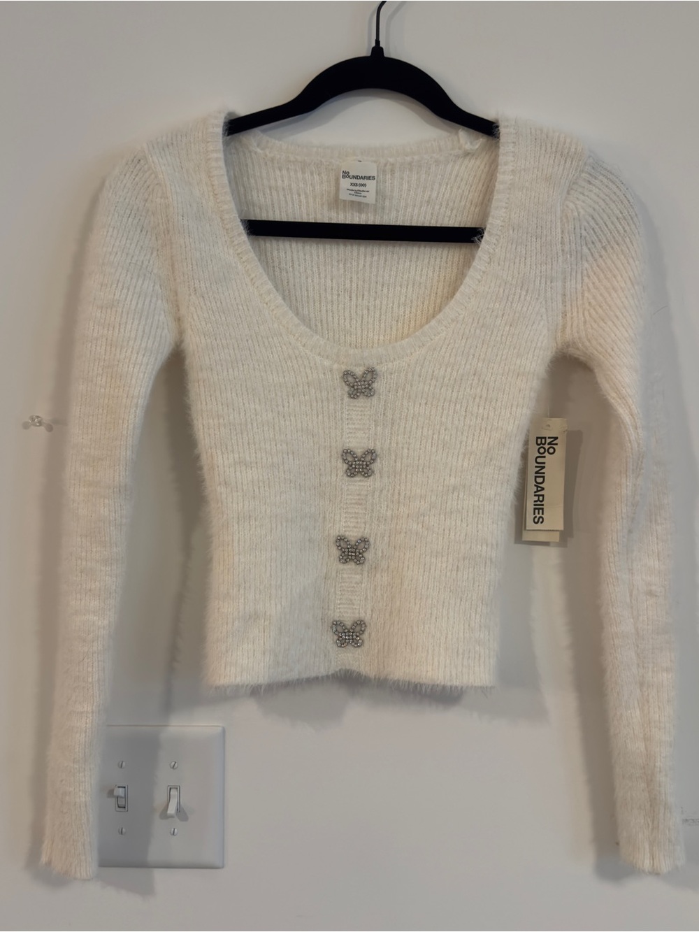 No Boundaries Cream Fuzzy Scoop Neck Butterfly Button Crop Sweater